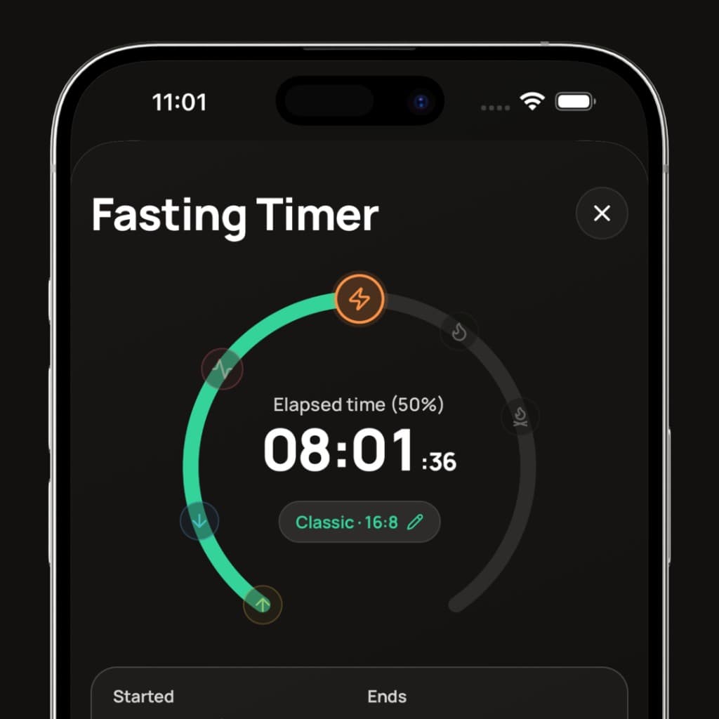 Fasting timer screen showing elapsed time
