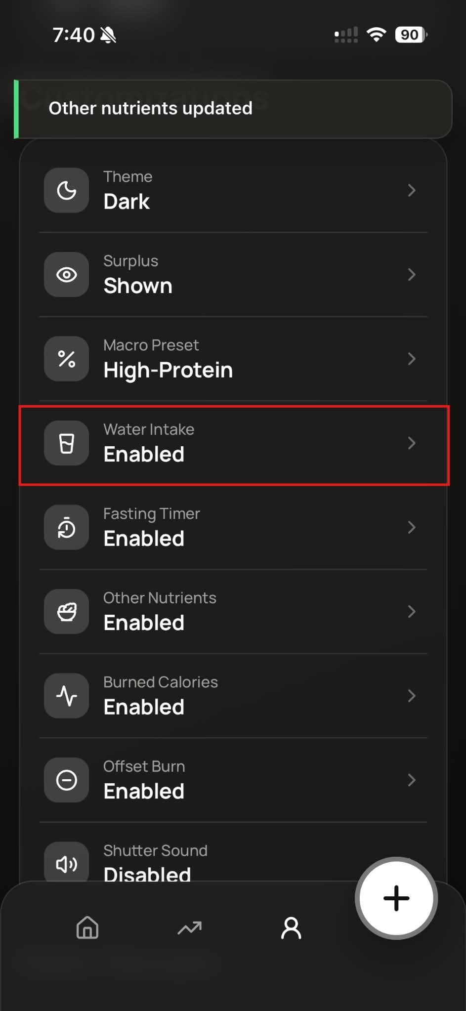 Water intake customization
