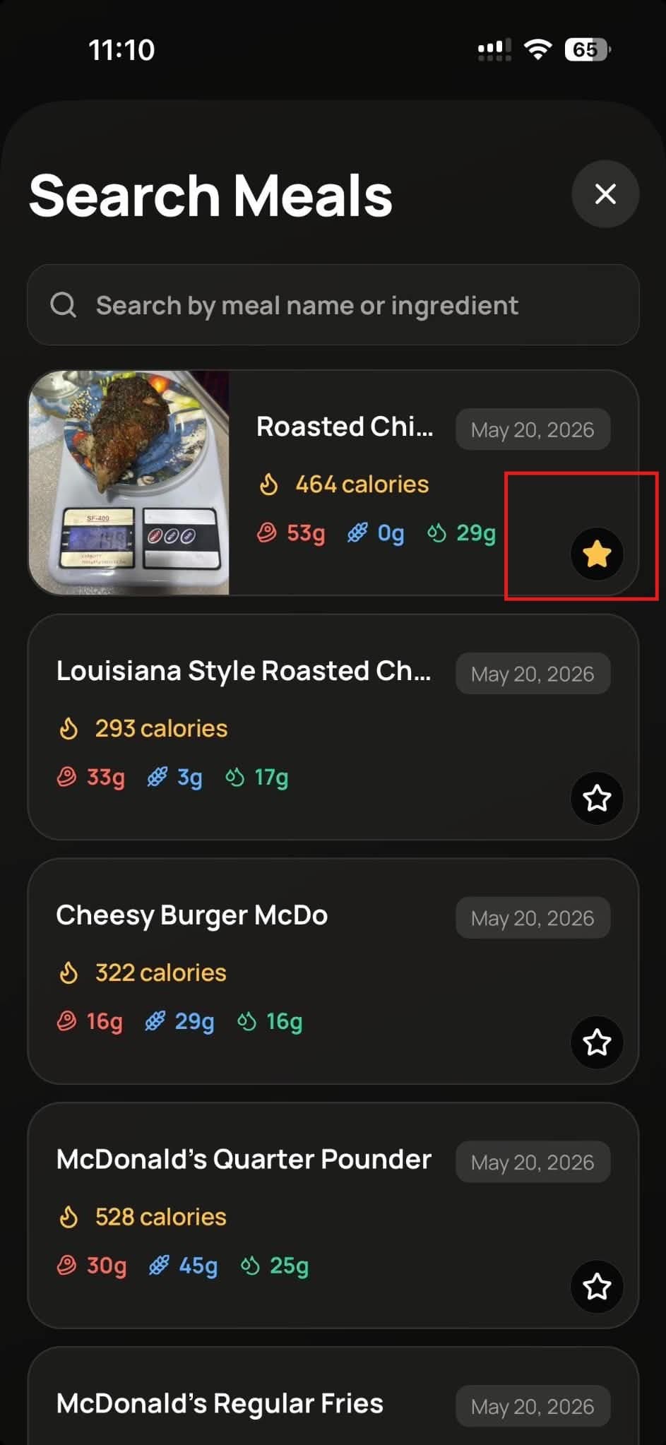 Favorite pinned meal in repeat meals