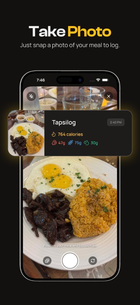 Take a photo of your meal to log calories and macros