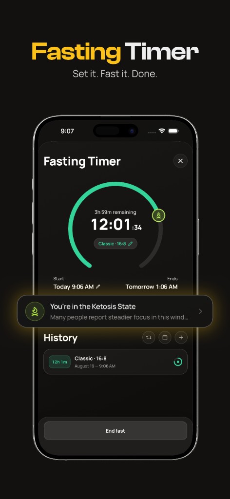 Fasting timer with remaining time and history